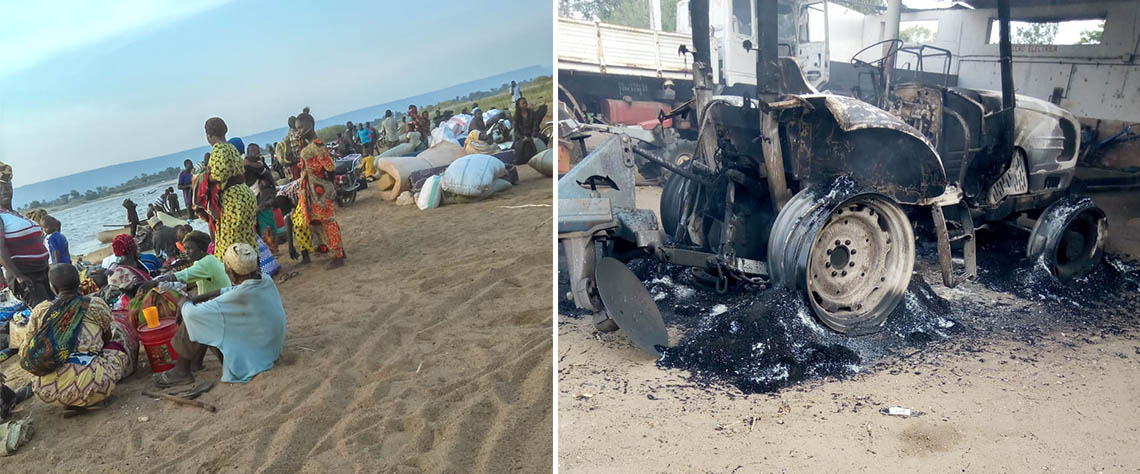 Zona d Namatil-Mueda, população a se refugiar para o vizinho Tanzânia(a esquerda) Tractores de um Empresário local de Muidumbe incendiados pelos insurgentes (a direita)